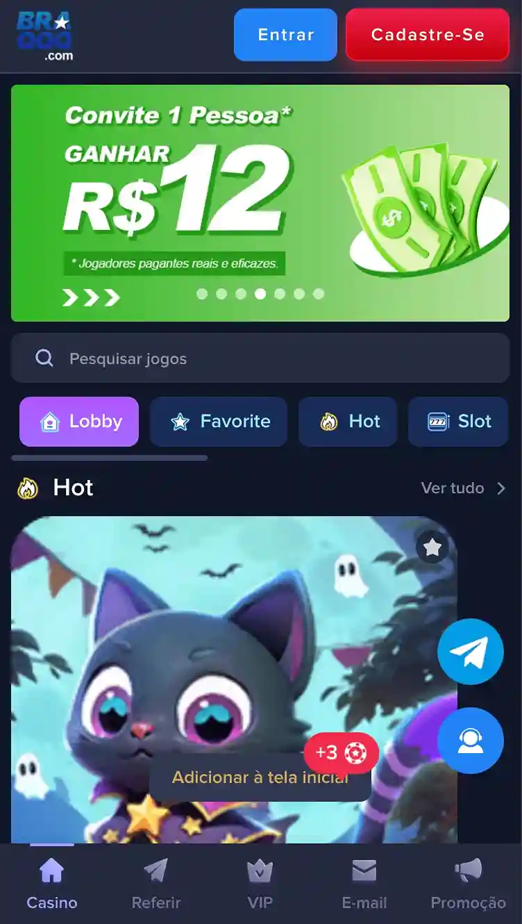 Interface do app BRAQQQ cassino em um smartphone
