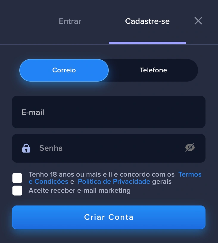 Tela de registro do BRAQQQ cassino no celular